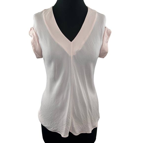 THEORY Light Pink Gyda Silk Blouse V-Neck Cuffed Short Sleeve Work Casual P XS - Picture 1 of 7